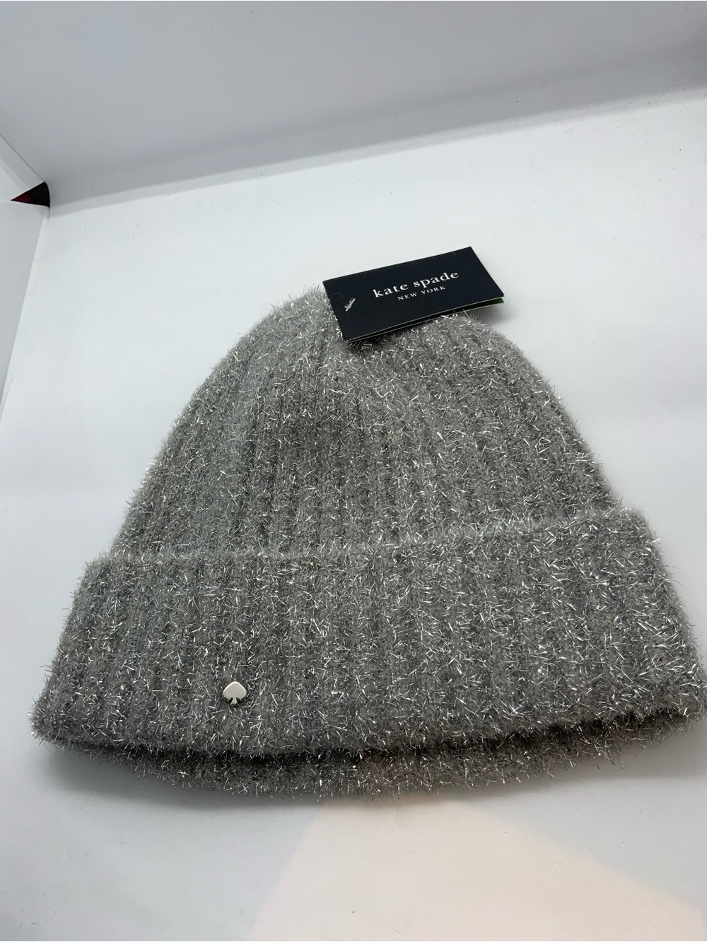 kate spade Silver Metallic Fuzzy Knit Beanie